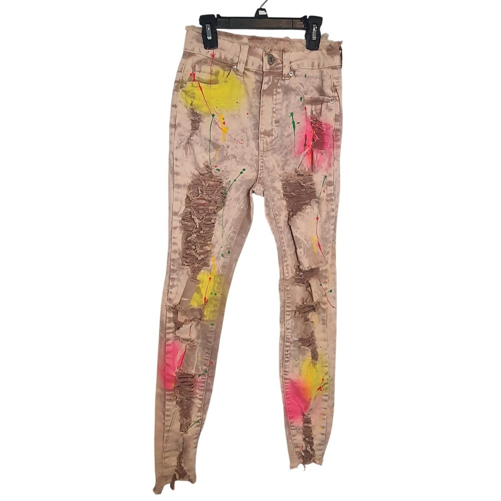 Red Fox Jeans Womens‎ Sz 5 Distressed Paint Splatter Acid Wash Skinny Jeans Pink